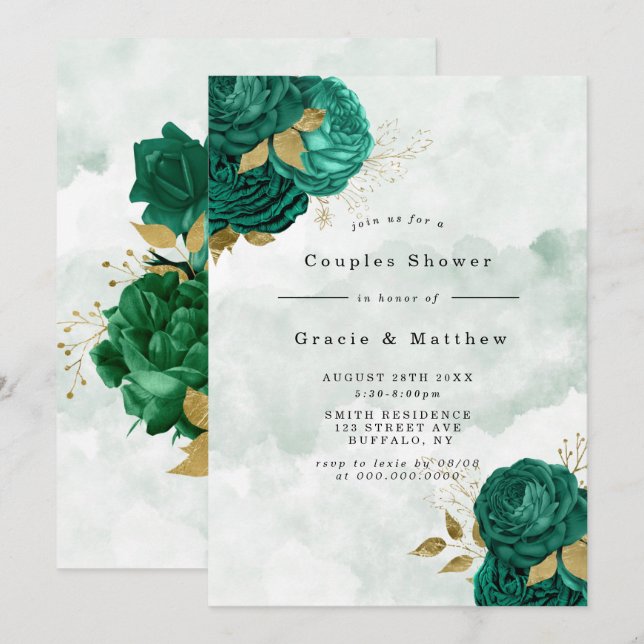 Emerald Grönt Peony Guld Par Shower Inbjudningskor (Fram/baksida)