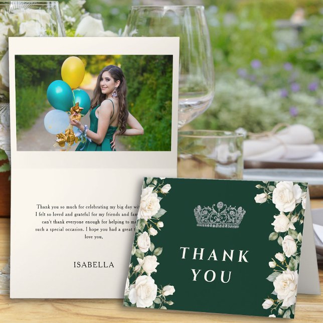 Emerald Grönt Photo Princess Tiara Quinceanera Tack Kort (Thank You Card from the Princess Dress and Roses Quinceanera Collection by Darling & May)