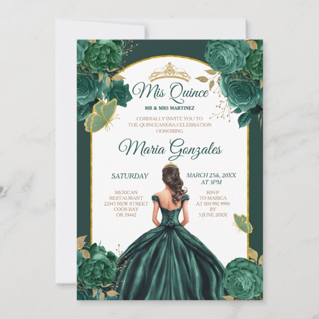 Emerald Grönt Princess Blommigt Quinceañera Inbjudningar (Framsida)