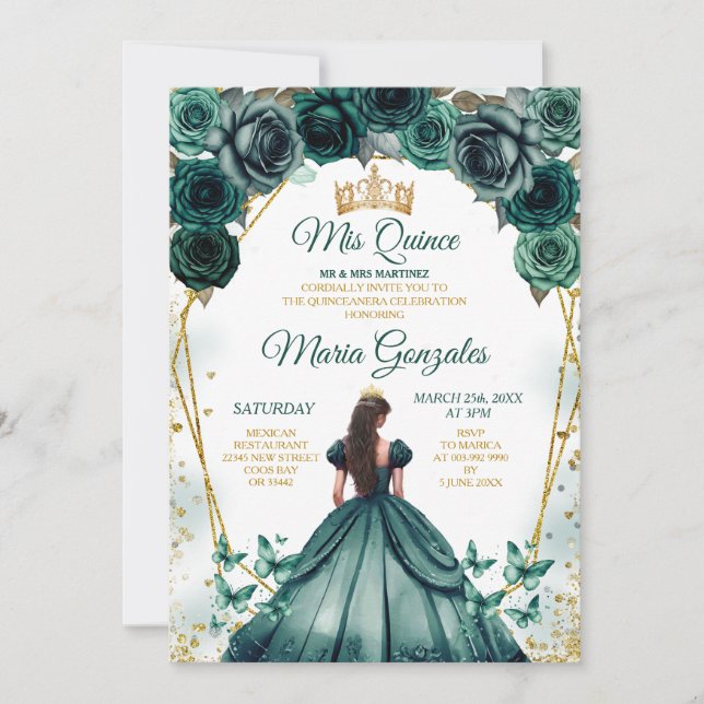 Emerald Grönt Princess Quinceañera Krona Blommigt Inbjudningar (Framsida)