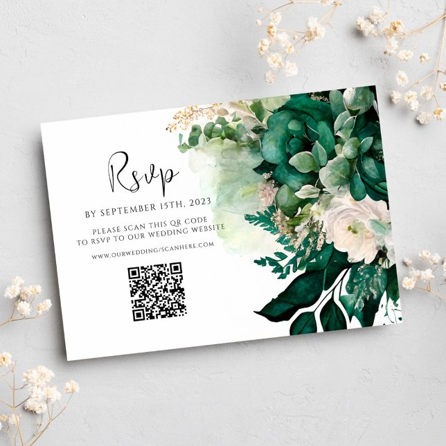 Emerald Grönt QR Code Blommigt Botanical Bröllop OSA Kort (Emerald Green QR Code Floral Botanical Wedding RSVP Card)