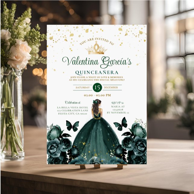 Emerald Grönt Quinceañera 15 Anos Flowers Guld Inbjudningar (Skapare uppladdad)