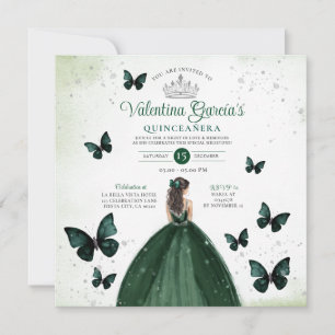 Emerald Grönt Quinceañera 15 Anos Flowers Silver Inbjudningar