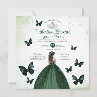 Emerald Grönt Quinceañera 15 Anos Flowers Silver Inbjudningar