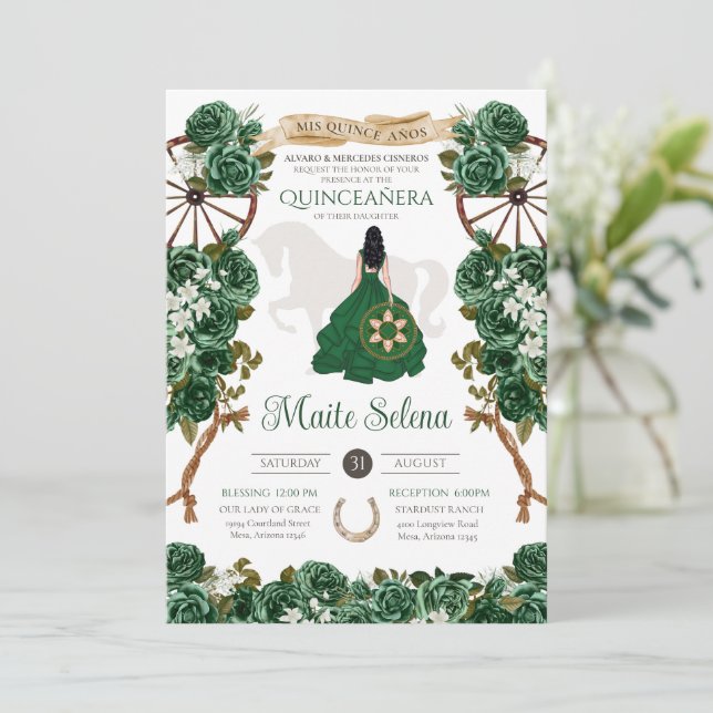 Emerald Grönt Quinceanera Elegant Ro Charro Inbjudningar (Stående Fram)