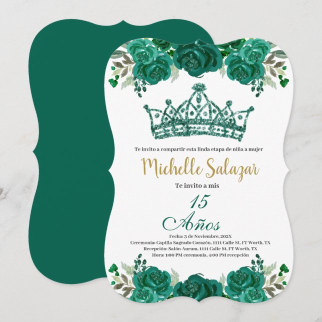 Emerald Grönt Quinceanera-inbjudan Inbjudningar (Fram/baksida)