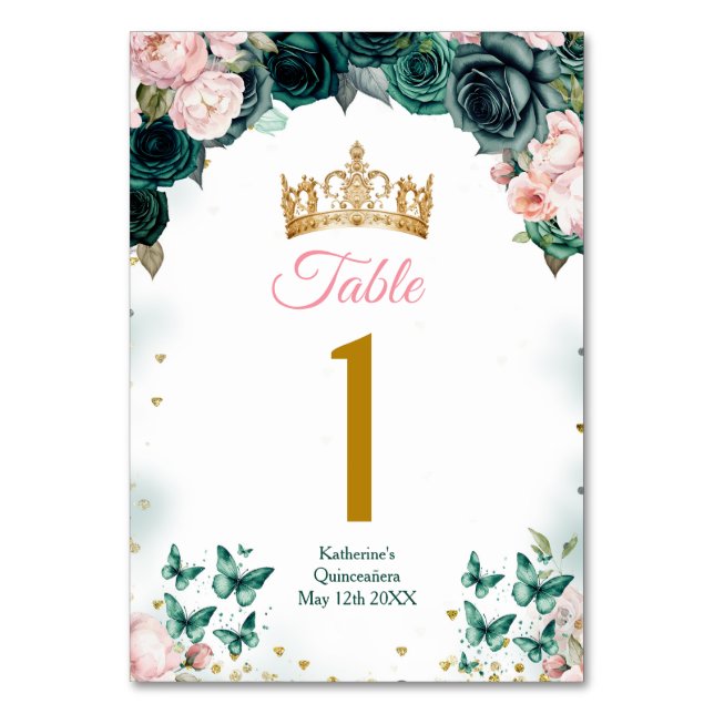 Emerald Grönt Quinceañera Krona Rosa Blommigt  Bordsnummer (Framsidan)