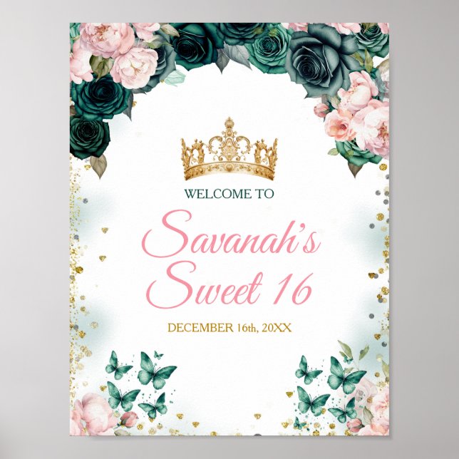 Emerald Grönt Quinceañera Krona Rosa Välkomsttecke Poster (Framsidan)