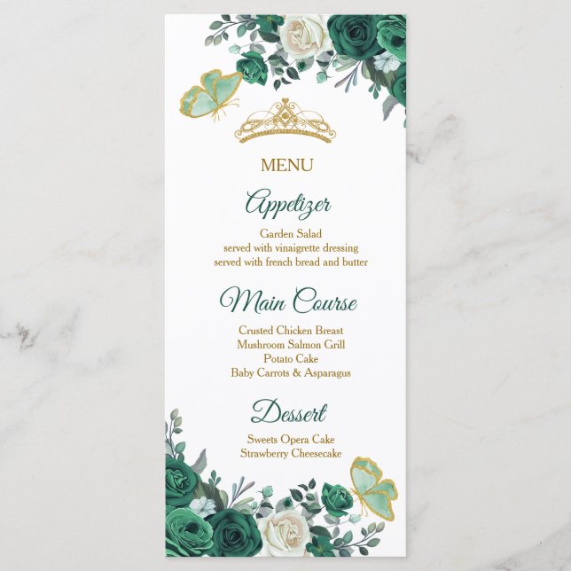 Emerald Grönt Quinceañera Menu-kort Meny (Framsida)