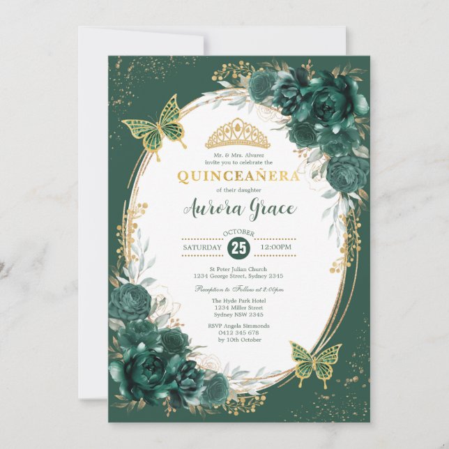 Emerald Grönt Quinceañera Mis Quince 15 Anos Inbjudningar (Framsida)