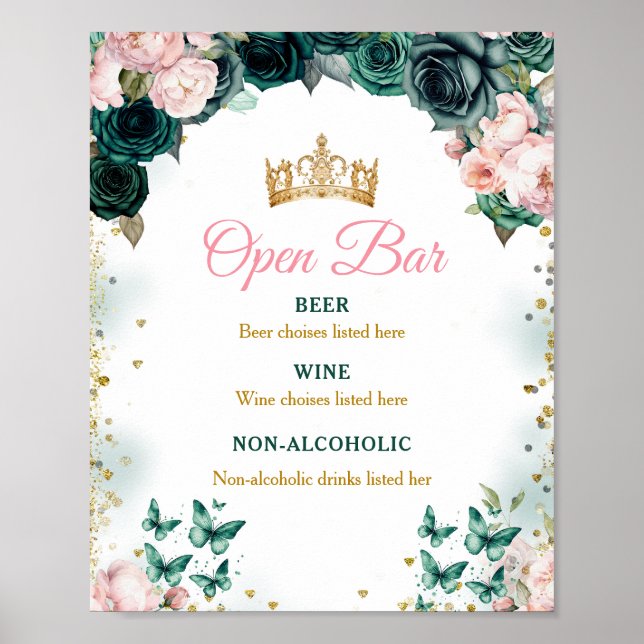 Emerald Grönt Quinceañera Open Pub Rosa Blommigt  Poster (Framsidan)