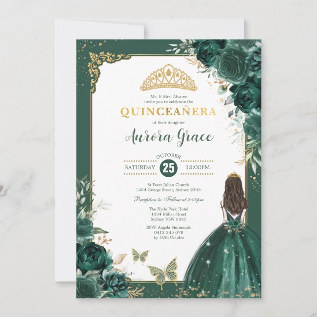 Emerald Grönt Quinceañera Princess 15:e födelsedag Inbjudningar (Framsida)