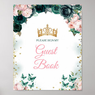 Emerald Grönt Quinceañera Rosa Blommigt Guest Bok Poster