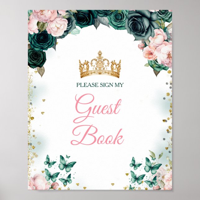 Emerald Grönt Quinceañera Rosa Blommigt Guest Bok Poster (Framsidan)