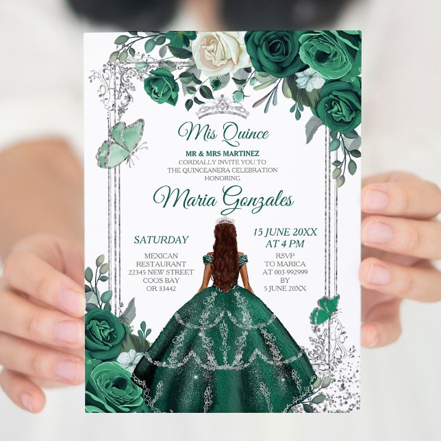 Emerald Grönt Quinceanera Silver Krona Glitter Inbjudningar (Skapare uppladdad)