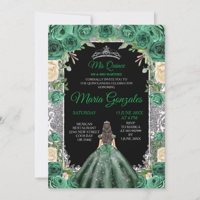 Emerald Grönt Quinceanera Silver Krona Glitter Inbjudningar (Framsida)