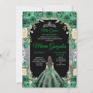 Emerald Grönt Quinceanera Silver Krona Glitter Inbjudningar