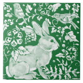 Emerald Grönt Rabbit Bird Woodland Blommigt Art Kakelplatta