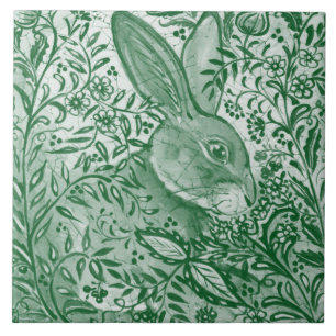 Emerald Grönt Rabbit Bunny Intricate Blommigt Lö Kakelplatta