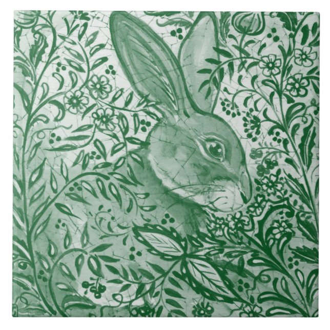 Emerald Grönt Rabbit Bunny Intricate Blommigt Löv Kakelplatta (Framsidan)