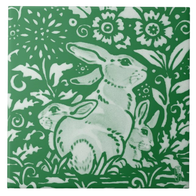 Emerald Grönt Rabbit Mamma Family Chinoiserie Blom Kakelplatta (Framsidan)