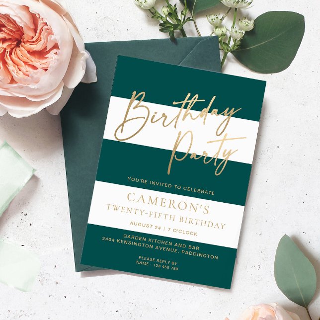 Emerald Grönt Rand Guld födelsedag Inbjudningar (Emerald Green Stripe Birthday Invitation )
