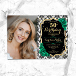 Emerald Grönt Ro Black Guld Photo 50:e födelsedage<br><div class="desc">Femininininbjudan till elegantens blommigt på 50 år med ditt foto. Glam svartvit och emerald grönt med faux glitter guld. Innehåller svartvit dämpningsmönster, sapphire ro, skriptteckensnitt och konetti. Perfekt för en snyggt vuxen under firande party. Anpassa med dina egna detaljer. Kan anpassas för vilken ålder som helst! Skrivna Zazzle-inbjudningar eller digital...</div>