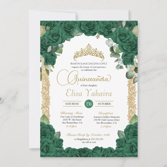 Emerald Grönt Ro Blommigt och Guld Quinceanera Inbjudningar (Framsida)