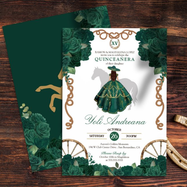 Emerald Grönt Ro Blommigt Western Quinceañera Inbjudningar (Skapare uppladdad)