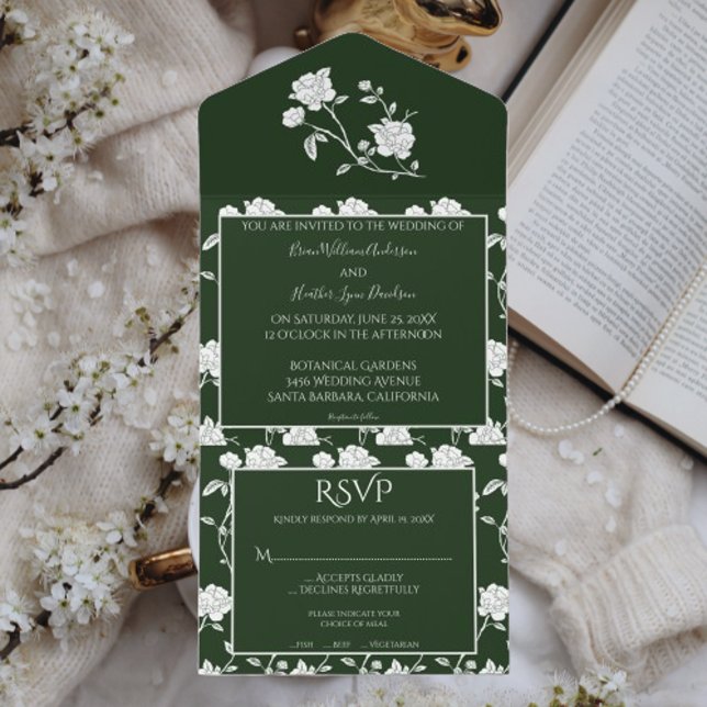 Emerald Grönt Ro Bröllop all in one-inbjudan (Emerald Green Rose All in One Wedding Invitation)