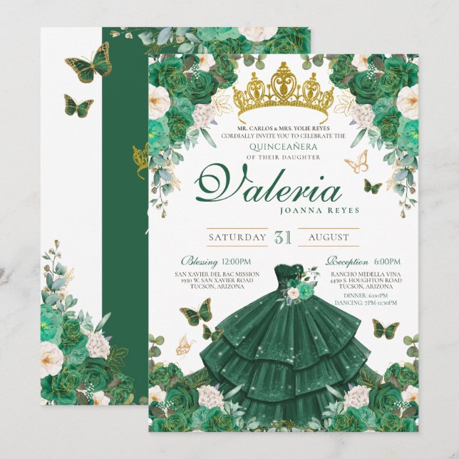 Emerald Grönt Ro Buttefly Princess Quinceanera Inbjudningar (Fram/baksida)