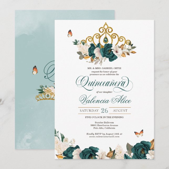 Emerald Grönt Ro Butterfly Tiara Quinceanera Inbjudningar (Fram/baksida)