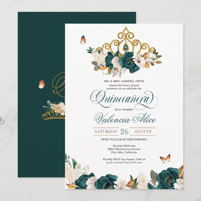 Emerald Grönt Ro Butterfly Tiara Quinceanera Inbjudningar (Fram/baksida)