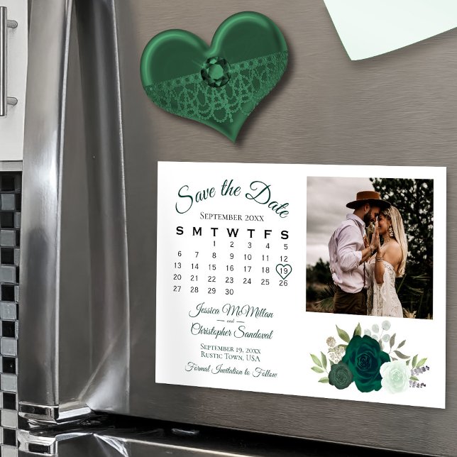 Emerald Grönt Ro Calendar & Photo Save Date Magnetisk Inbjudningskort (Magnetic Back for Easy Display!)