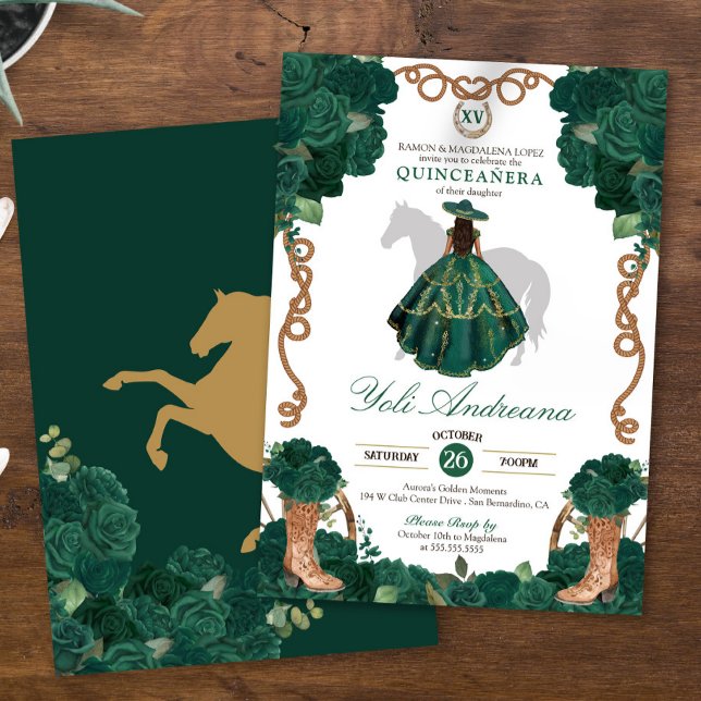 Emerald Grönt Ro Charro Vestidos Quinceañera Inbjudningar (Skapare uppladdad)