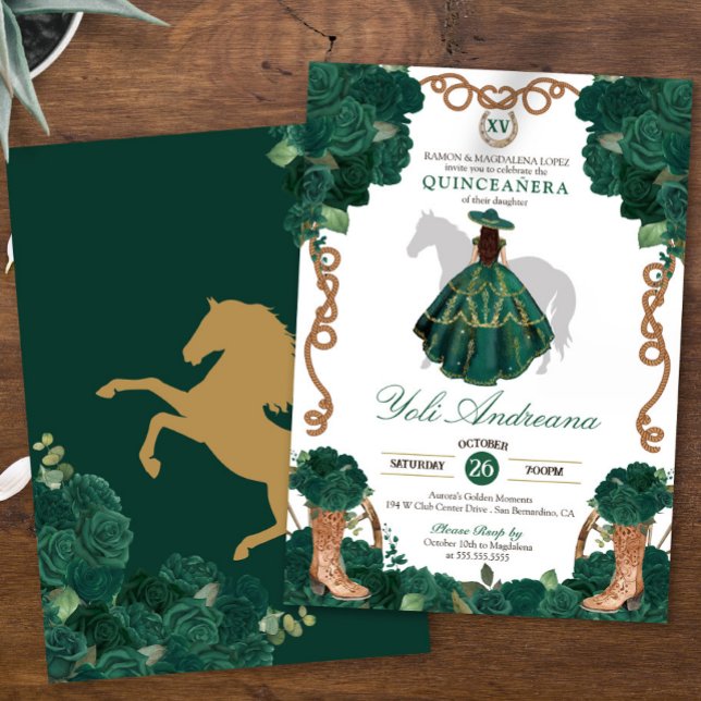 Emerald Grönt Ro Charro Vestidos Quinceañera Inbjudningar (Skapare uppladdad)