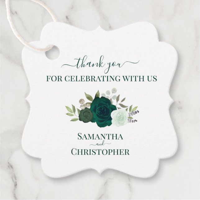 Emerald Grönt Ro Elegant bröllop Tack Gåvor Etiketter (Framsida)