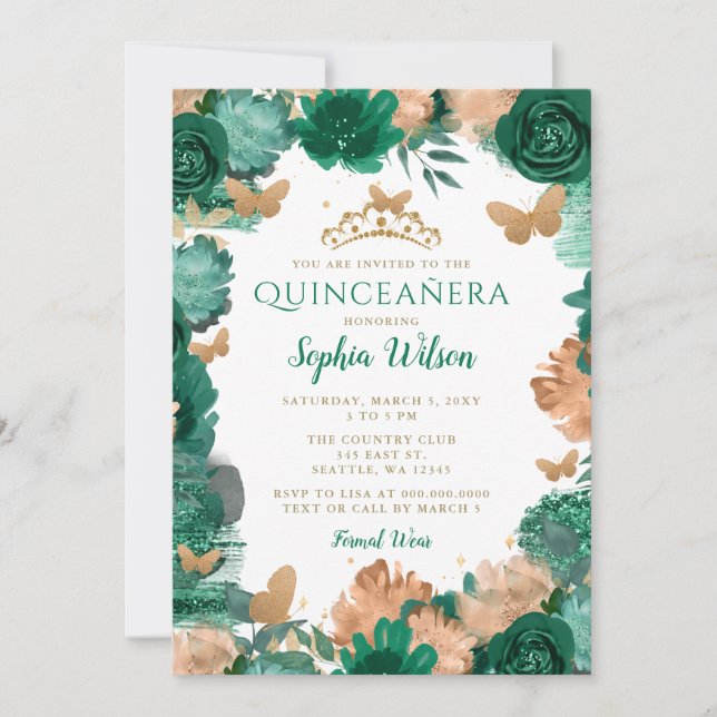 Emerald Grönt Ro Guld Butterflies Quinceañera Inbjudningar (Framsida)