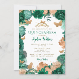 Emerald Grönt Ro Guld Butterflies Quinceañera Inbjudningar