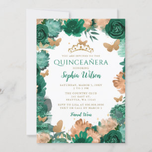 Emerald Grönt Ro Guld Butterflies Quinceañera Inbjudningar