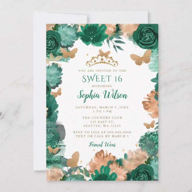 Emerald Grönt Ro Guld Butterflies Sweet 16 Inbjudningar (Framsida)