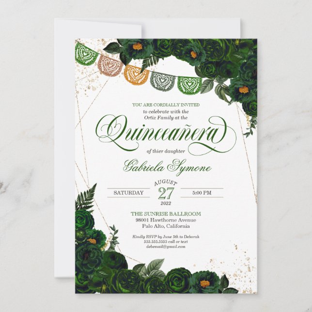 Emerald Grönt Ro & Guld Papel Picado Quinceañera Inbjudningar (Framsida)