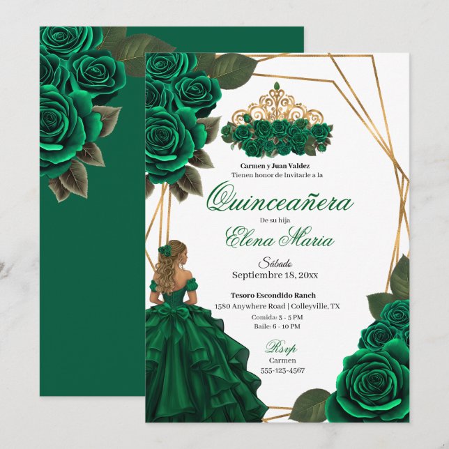 Emerald Grönt Ro Guld Quinceañera Inbjudningar (Fram/baksida)