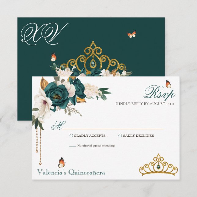 Emerald Grönt Ro Guld Tiara Quinceanera OSA Kort (Fram/baksida)