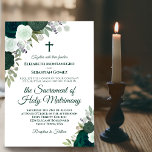 Emerald Grönt Ro Modern katolisk Bröllop Inbjudningar<br><div class="desc">Denna vackra bröllopsinbjudan är perfekt för en modern katolsk ceremoni. Den har en rustik boho-chic med elegantens skriptbokstäver och handmålad vattenfärg ro i skuggor av emerald och sage grönt. Innehåller en kor eller crucifix och en ordalydelse som uppmanar gästerna att delta i en livlig massa som förenar paret i heligans...</div>