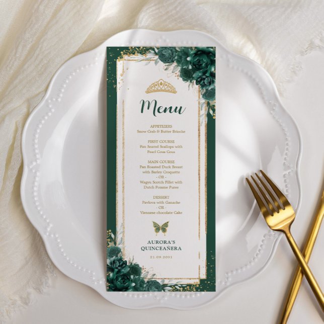 Emerald Grönt Ro Quinceanera Birthday Menu Card Inbjudningar (Skapare uppladdad)