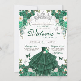 Emerald Grönt Ro & Silver Butterfly Quinceanera Inbjudningar