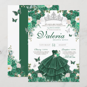 Emerald Grönt Ro & Silver Butterfly Quinceanera Inbjudningar
