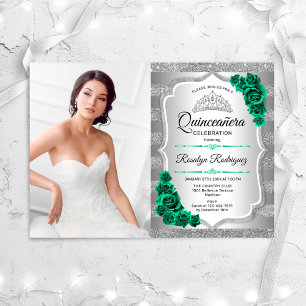 Emerald Grönt Ro Silver Photo Quinceanera Inbjudningar