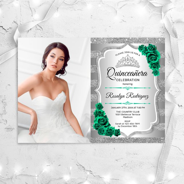 Emerald Grönt Ro Silver Photo Quinceanera Inbjudningar (Skapare uppladdad)